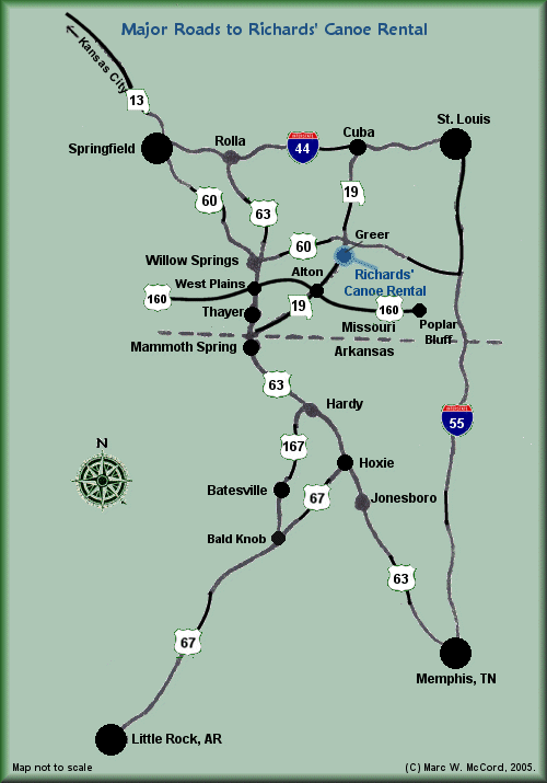 Map of major roads leading to Richard's Canoe Rental